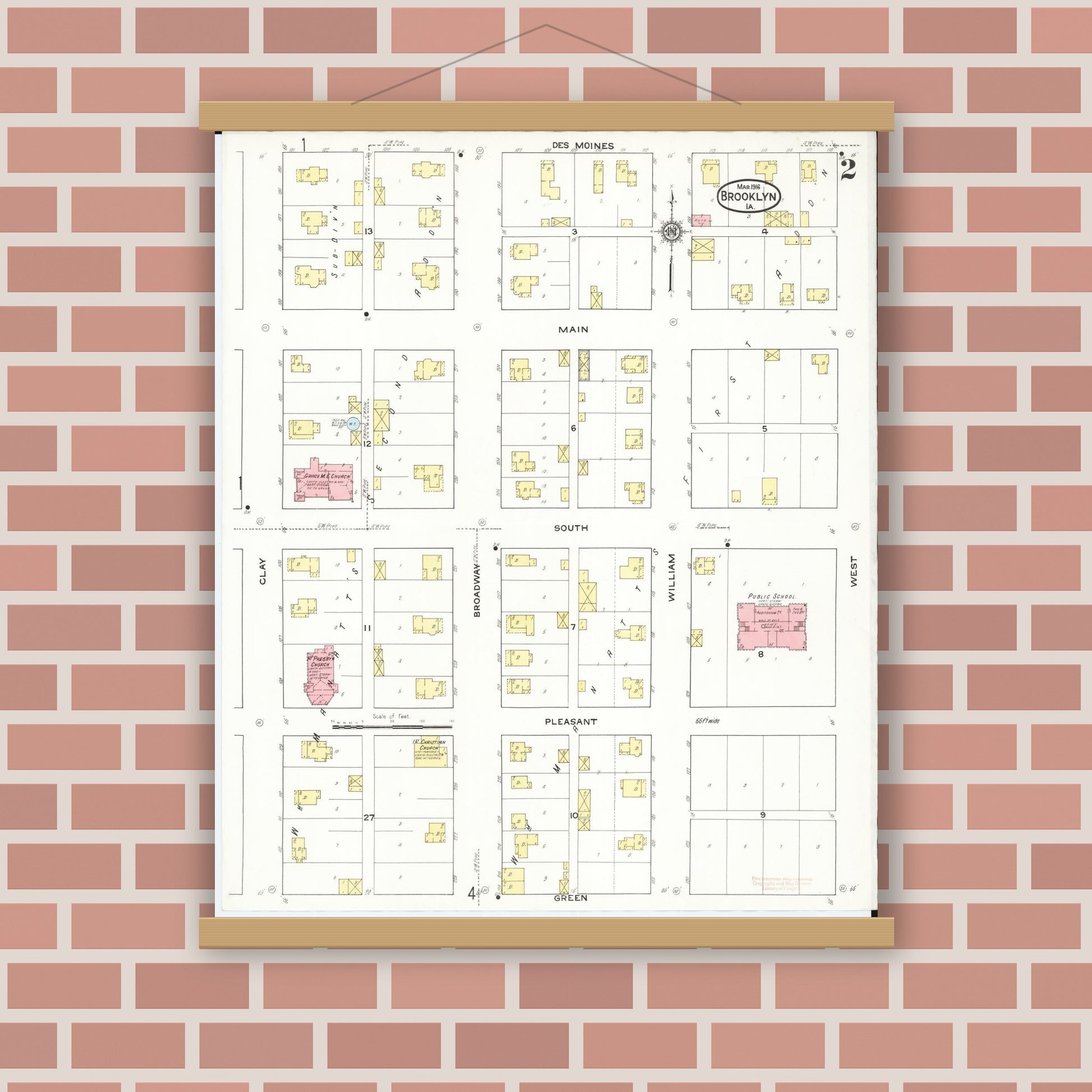 Old map wall art mockup — magnetic wood frame on brick wall — Sanborn Fire Insurance Map from Brooklyn, Poweshiek County, Iowa (1916), Sheet #0002