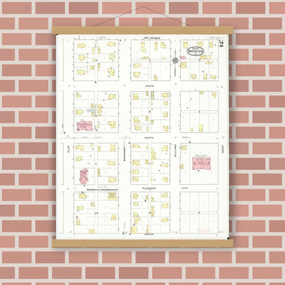 Old map wall art mockup — magnetic wood frame on brick wall — Sanborn Fire Insurance Map from Brooklyn, Poweshiek County, Iowa (1916), Sheet #0002