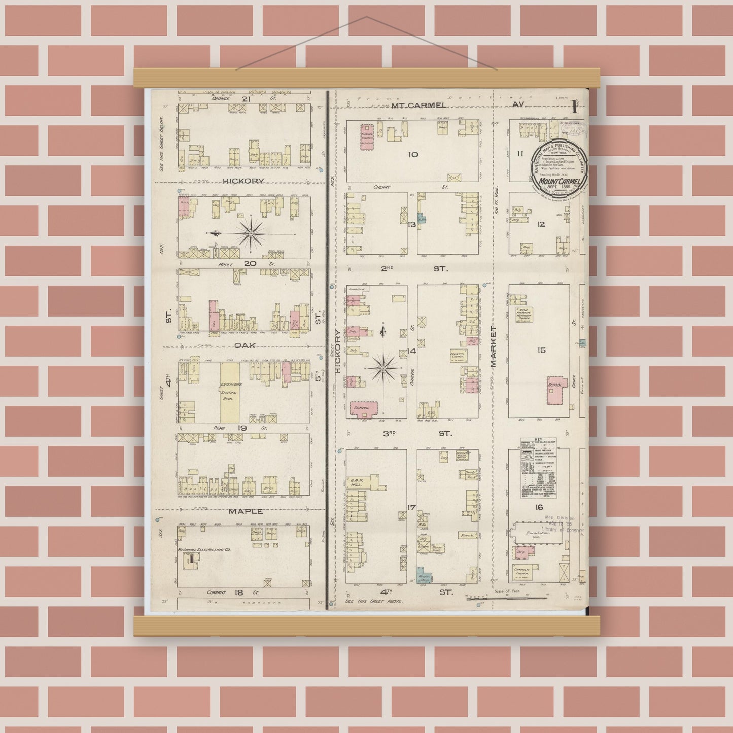 Old map wall art mockup — magnetic wood frame on brick wall — Sanborn Fire Insurance Map from Mount Carmel, Northumberland County, Pennsylvania (1885) - Complete Map Set