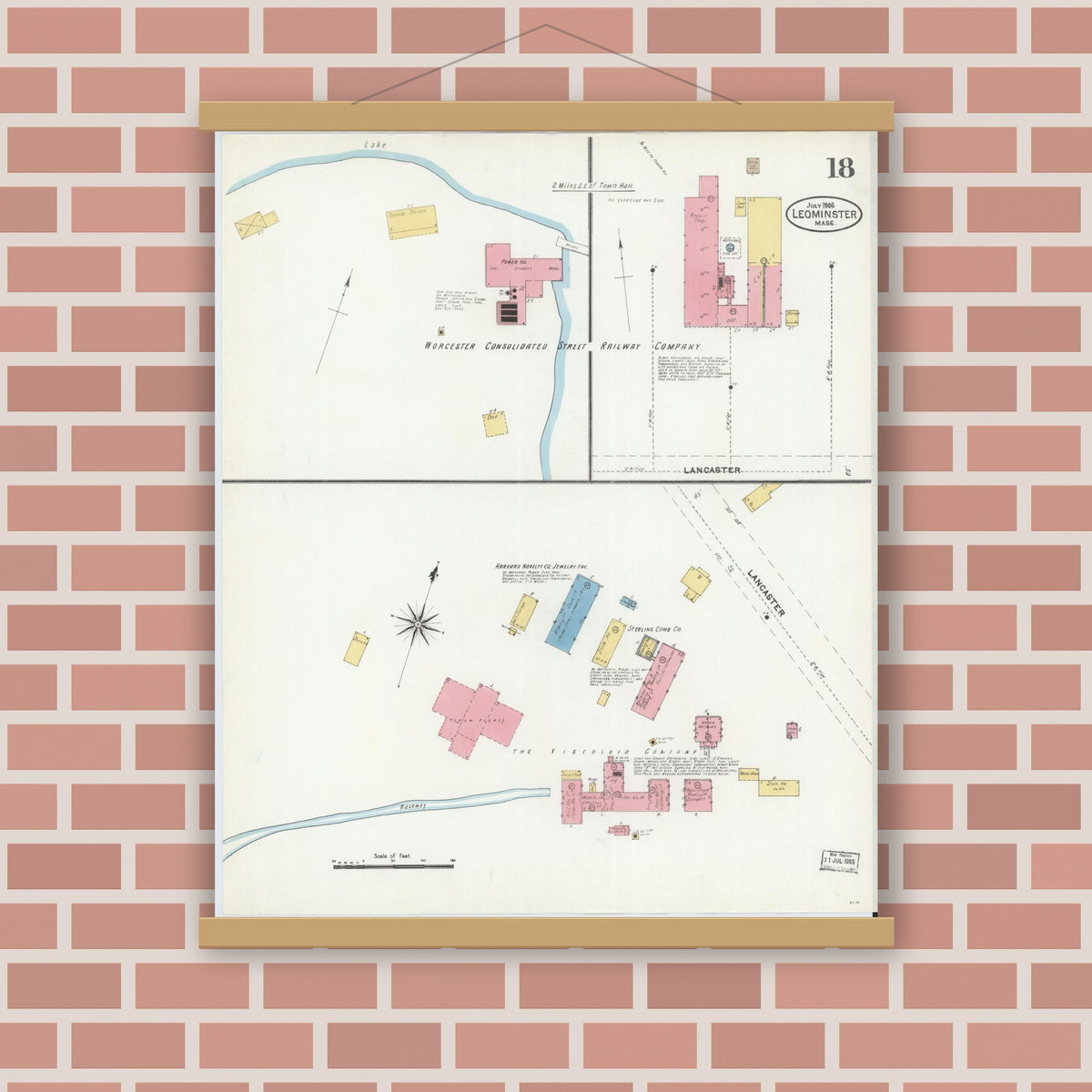 Old map wall art mockup — magnetic wood frame on brick wall — Sanborn Fire Insurance Map from Leominster, Worcester County, Massachusetts (1906), Sheet #0018