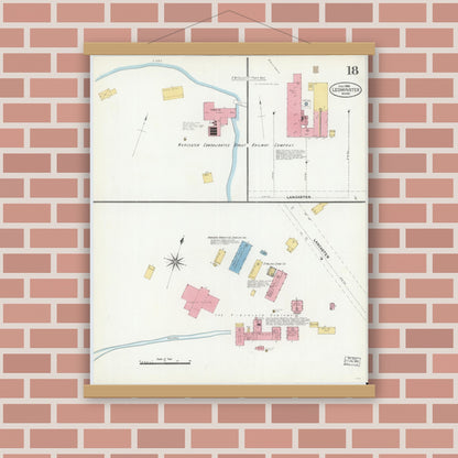 Old map wall art mockup — magnetic wood frame on brick wall — Sanborn Fire Insurance Map from Leominster, Worcester County, Massachusetts (1906), Sheet #0018
