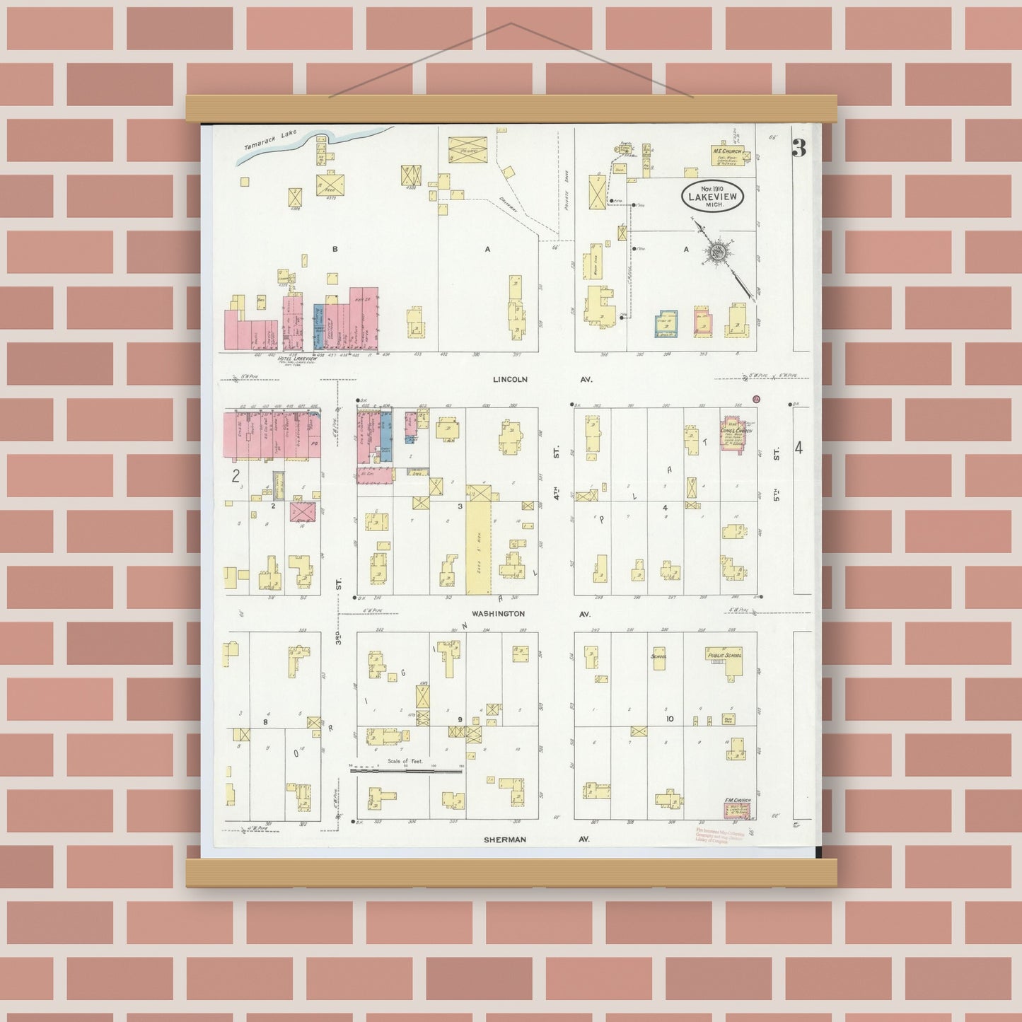 Old map wall art mockup — magnetic wood frame on brick wall — Sanborn Fire Insurance Map from Lakeview, Montcalm County, Michigan (1910), Sheet #0003