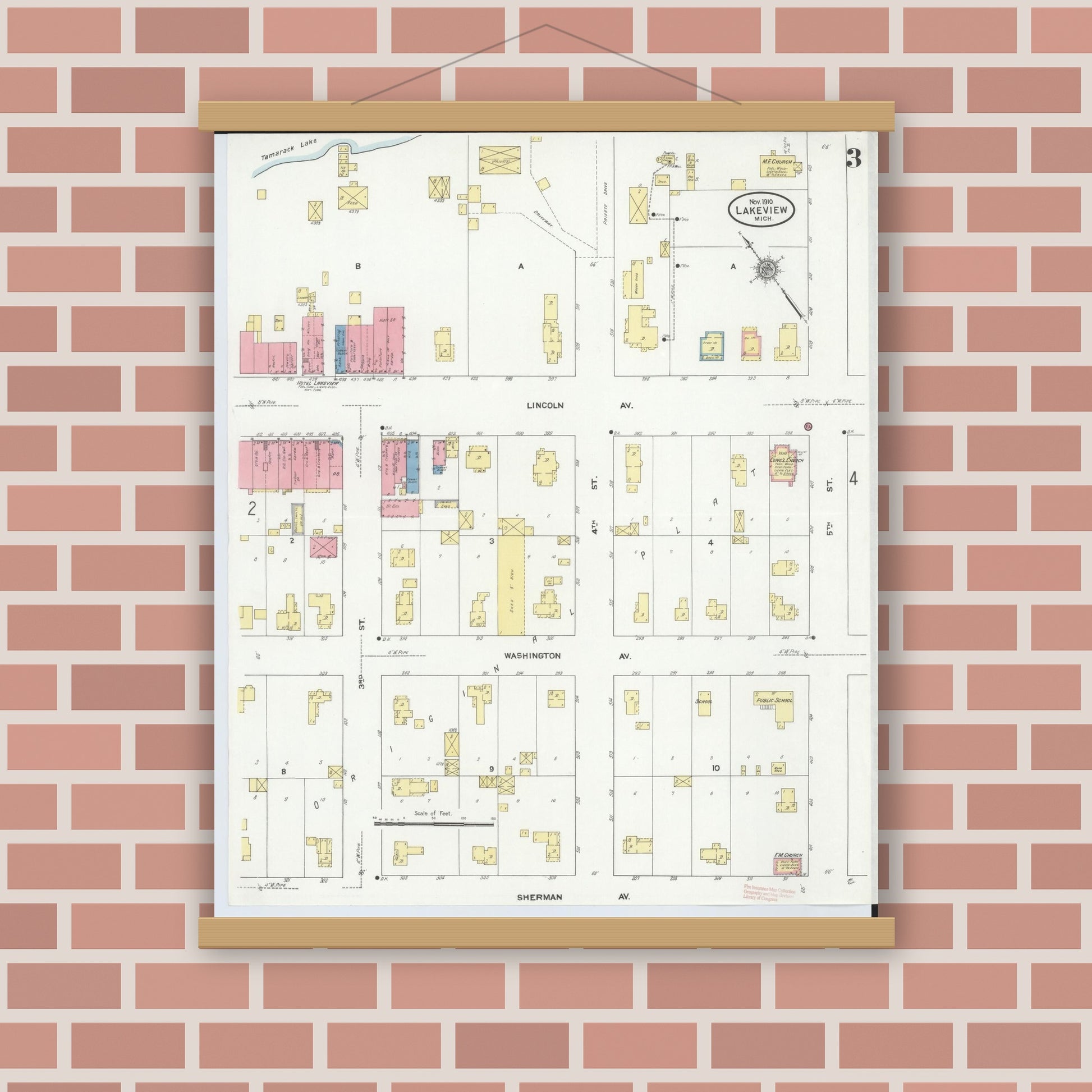 Old map wall art mockup — magnetic wood frame on brick wall — Sanborn Fire Insurance Map from Lakeview, Montcalm County, Michigan (1910), Sheet #0003