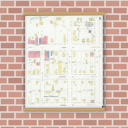 Old map wall art mockup — magnetic wood frame on brick wall — Sanborn Fire Insurance Map from Lakeview, Montcalm County, Michigan (1910), Sheet #0003