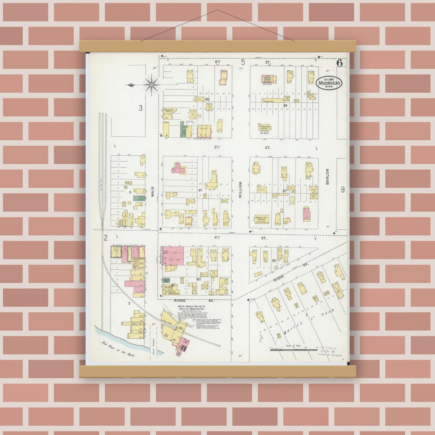 Old map wall art mockup — magnetic wood frame on brick wall — Sanborn Fire Insurance Map from Moorhead, Clay County, Minnesota (1899), Sheet #0006