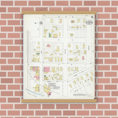Old map wall art mockup — magnetic wood frame on brick wall — Sanborn Fire Insurance Map from Moorhead, Clay County, Minnesota (1899), Sheet #0006
