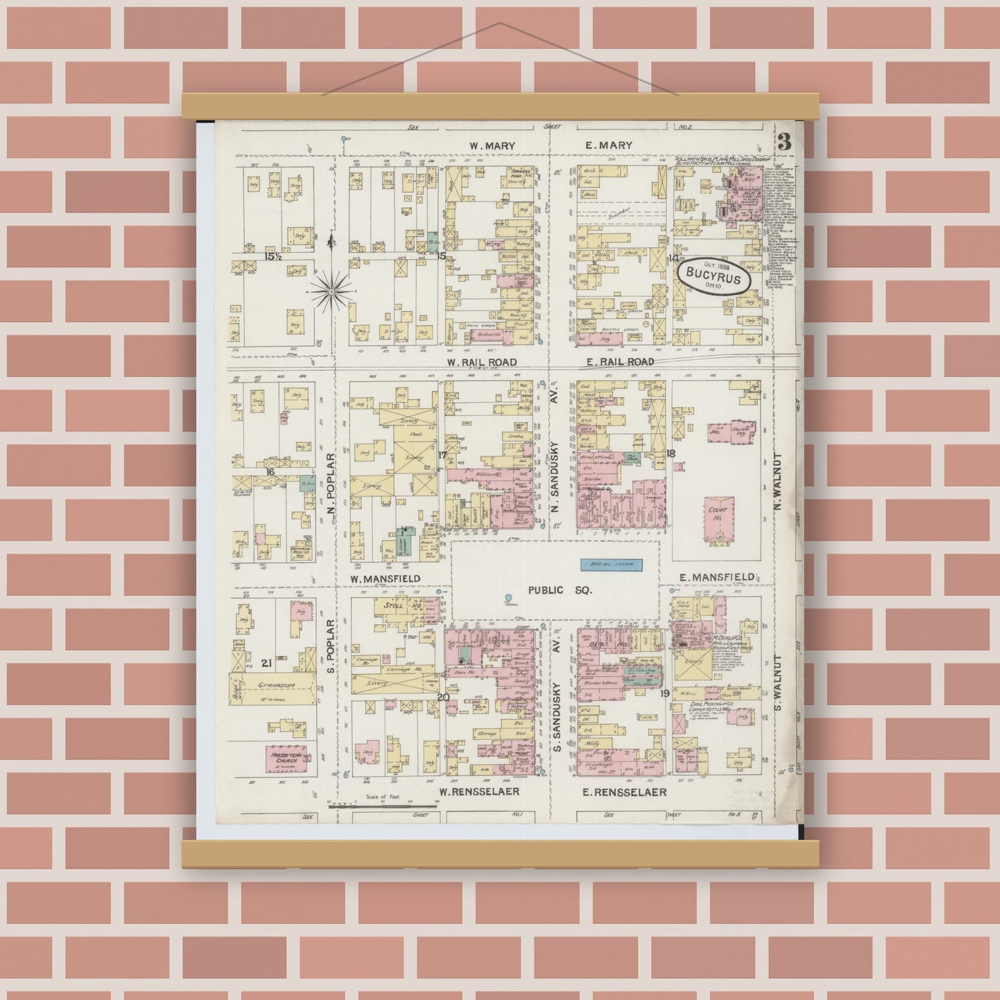 Old map wall art mockup — magnetic wood frame on brick wall — Sanborn Fire Insurance Map from Bucyrus, Crawford County, Ohio (1888), Sheet #0003