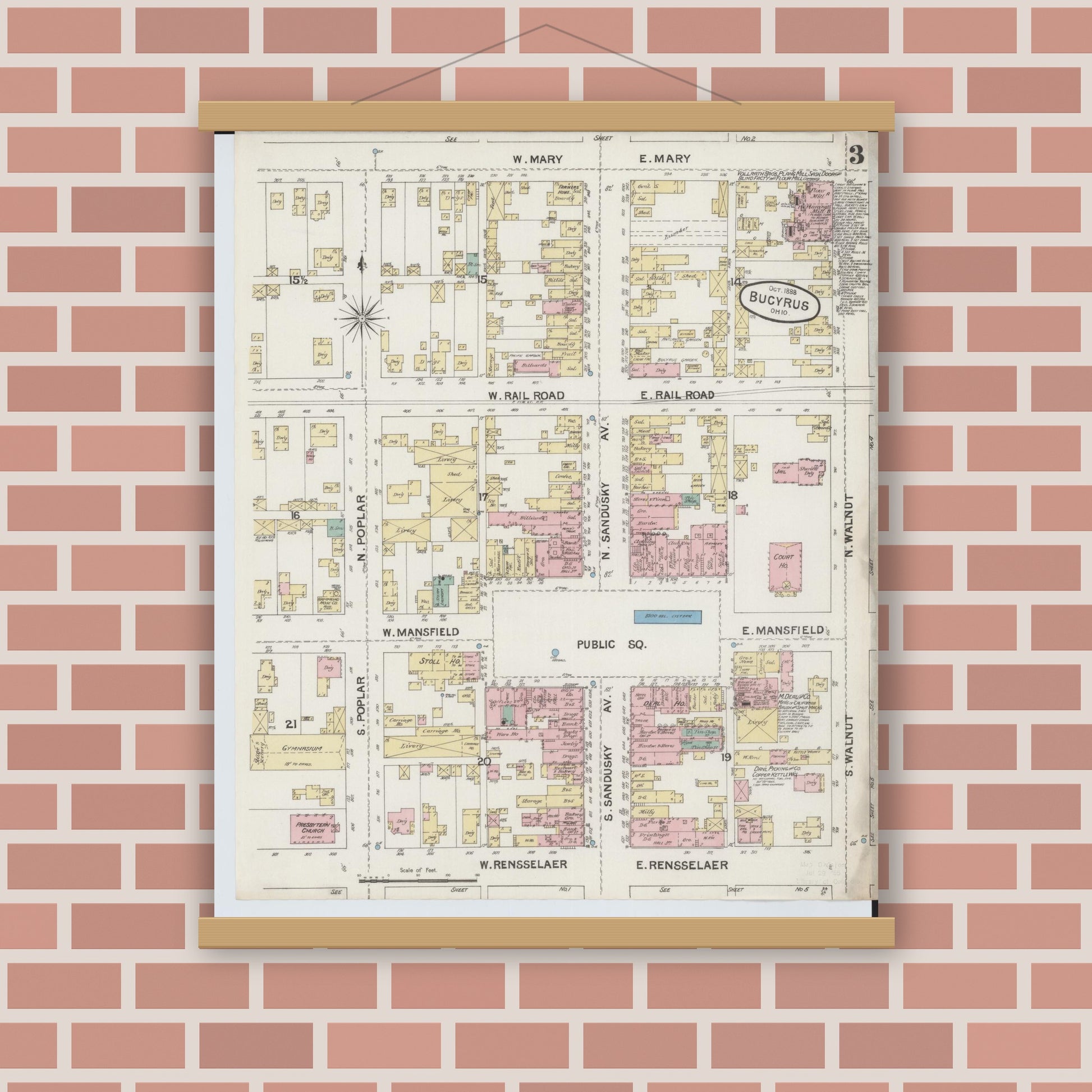 Old map wall art mockup — magnetic wood frame on brick wall — Sanborn Fire Insurance Map from Bucyrus, Crawford County, Ohio (1888), Sheet #0003