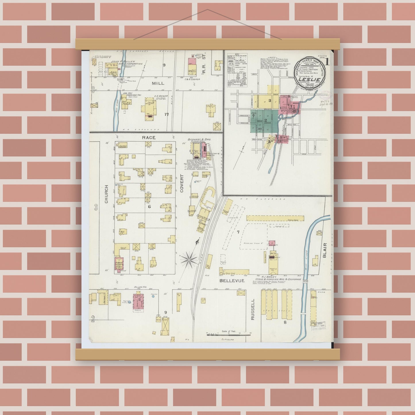 Old map wall art mockup — magnetic wood frame on brick wall — Sanborn Fire Insurance Map from Leslie, Ingham County, Michigan (1893) - Complete Map Set