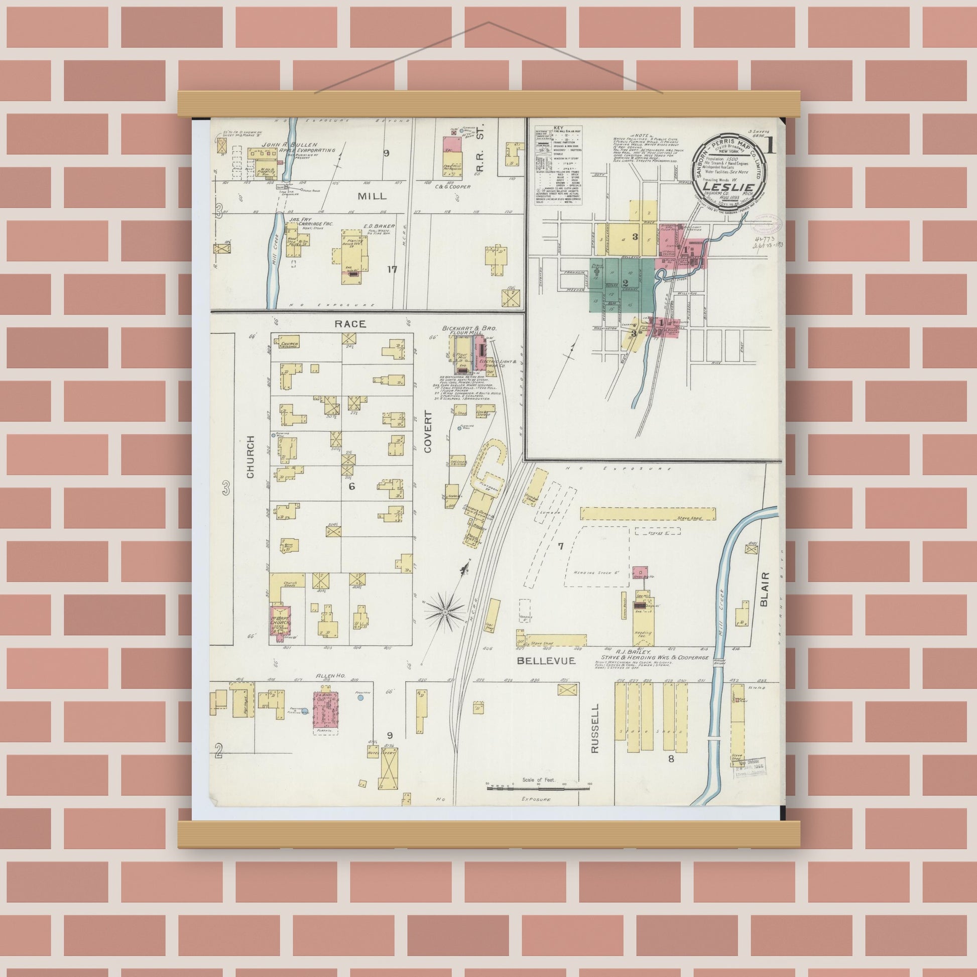 Old map wall art mockup — magnetic wood frame on brick wall — Sanborn Fire Insurance Map from Leslie, Ingham County, Michigan (1893) - Complete Map Set
