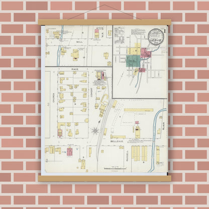 Old map wall art mockup — magnetic wood frame on brick wall — Sanborn Fire Insurance Map from Leslie, Ingham County, Michigan (1893) - Complete Map Set