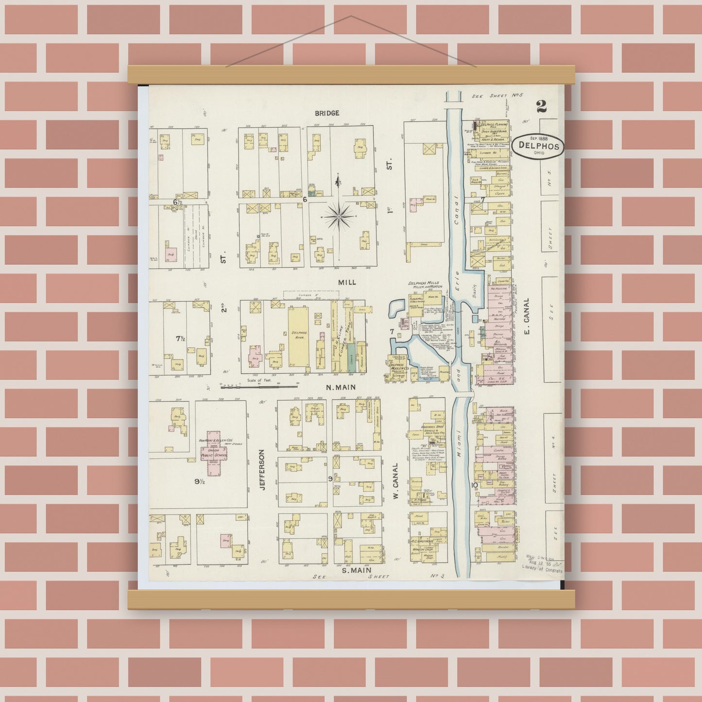 Old map wall art mockup — magnetic wood frame on brick wall — Sanborn Fire Insurance Map from Delphos, Van Wert And Allen Counties, Ohio (1888), Sheet #0002