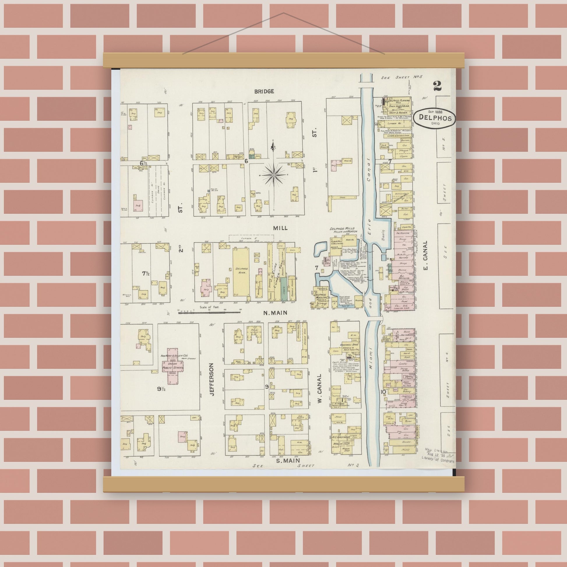 Old map wall art mockup — magnetic wood frame on brick wall — Sanborn Fire Insurance Map from Delphos, Van Wert And Allen Counties, Ohio (1888), Sheet #0002