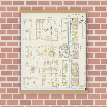 Old map wall art mockup — magnetic wood frame on brick wall — Sanborn Fire Insurance Map from Delphos, Van Wert And Allen Counties, Ohio (1888), Sheet #0002