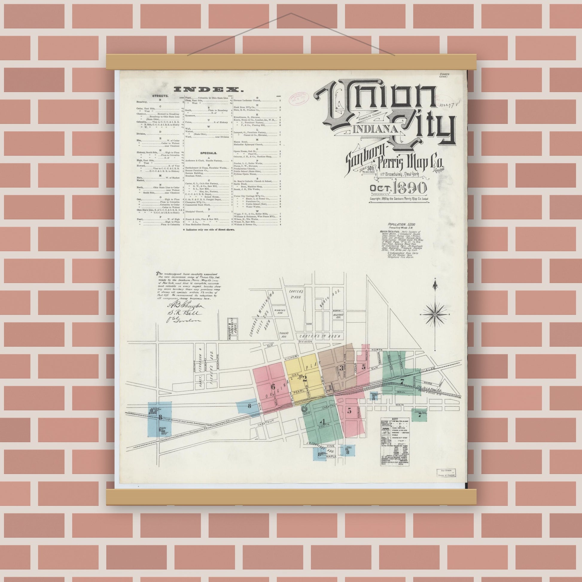 Old map wall art mockup — magnetic wood frame on brick wall — Sanborn Fire Insurance Map from Union City, Randolph County, Indiana (1890) - Complete Map Set
