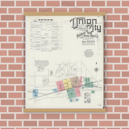Old map wall art mockup — magnetic wood frame on brick wall — Sanborn Fire Insurance Map from Union City, Randolph County, Indiana (1890) - Complete Map Set