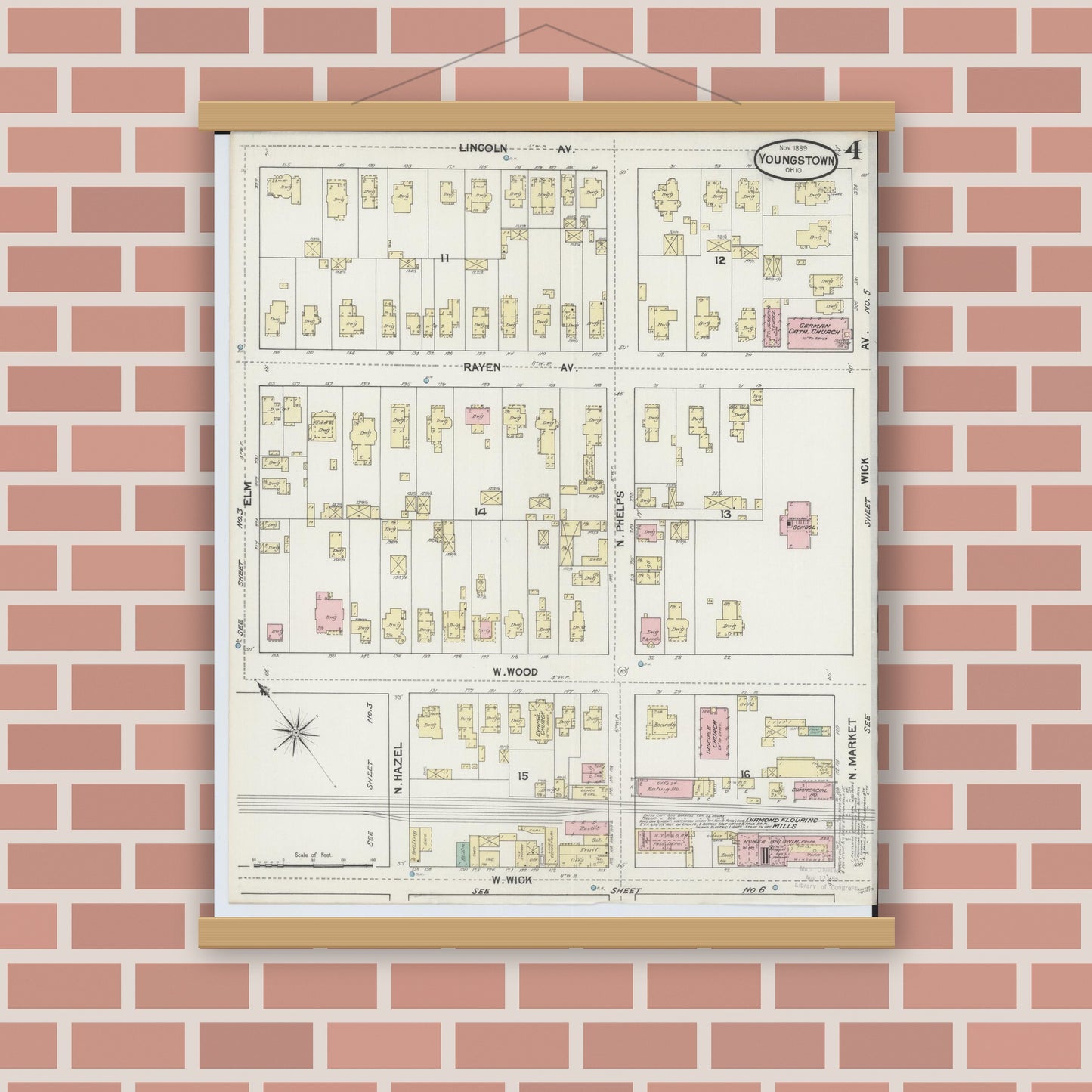 Old map wall art mockup — magnetic wood frame on brick wall — Sanborn Fire Insurance Map from Youngstown, Mahoning County, Ohio (1889), Sheet #0004