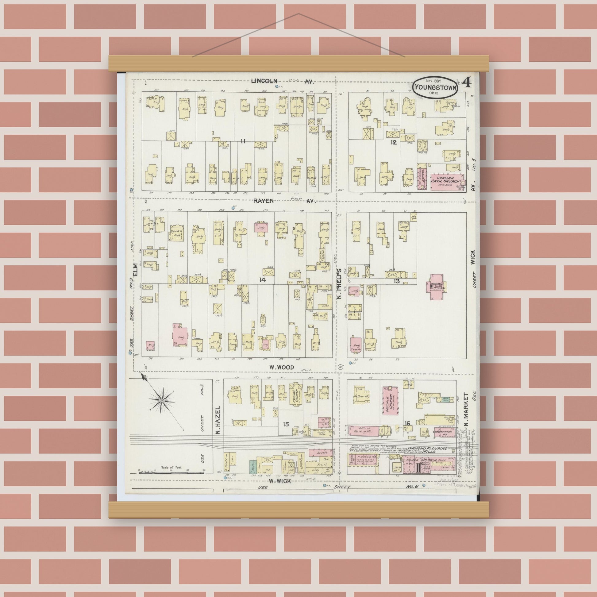 Old map wall art mockup — magnetic wood frame on brick wall — Sanborn Fire Insurance Map from Youngstown, Mahoning County, Ohio (1889), Sheet #0004