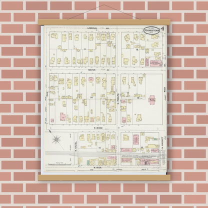 Old map wall art mockup — magnetic wood frame on brick wall — Sanborn Fire Insurance Map from Youngstown, Mahoning County, Ohio (1889), Sheet #0004