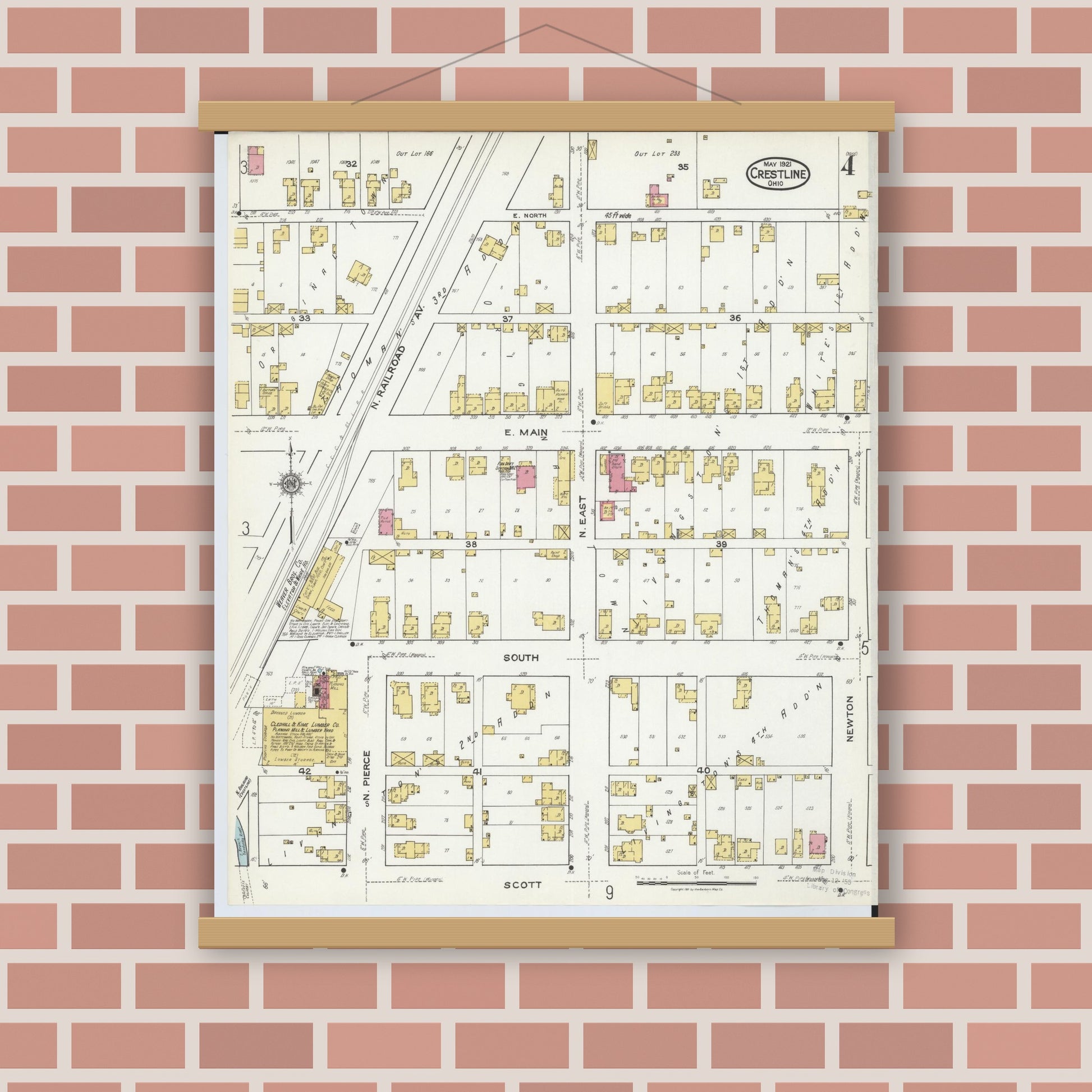 Old map wall art mockup — magnetic wood frame on brick wall — Sanborn Fire Insurance Map from Crestline, Crawford County, Ohio (1921), Sheet #0004