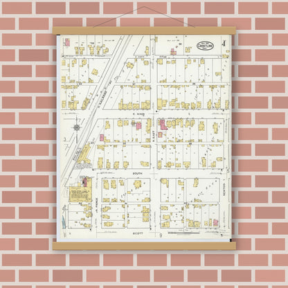 Old map wall art mockup — magnetic wood frame on brick wall — Sanborn Fire Insurance Map from Crestline, Crawford County, Ohio (1921), Sheet #0004