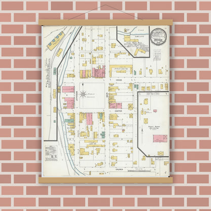 Old map wall art mockup — magnetic wood frame on brick wall — Sanborn Fire Insurance Map from Sarcoxie, Jasper County, Missouri (1900), Sheet #0001