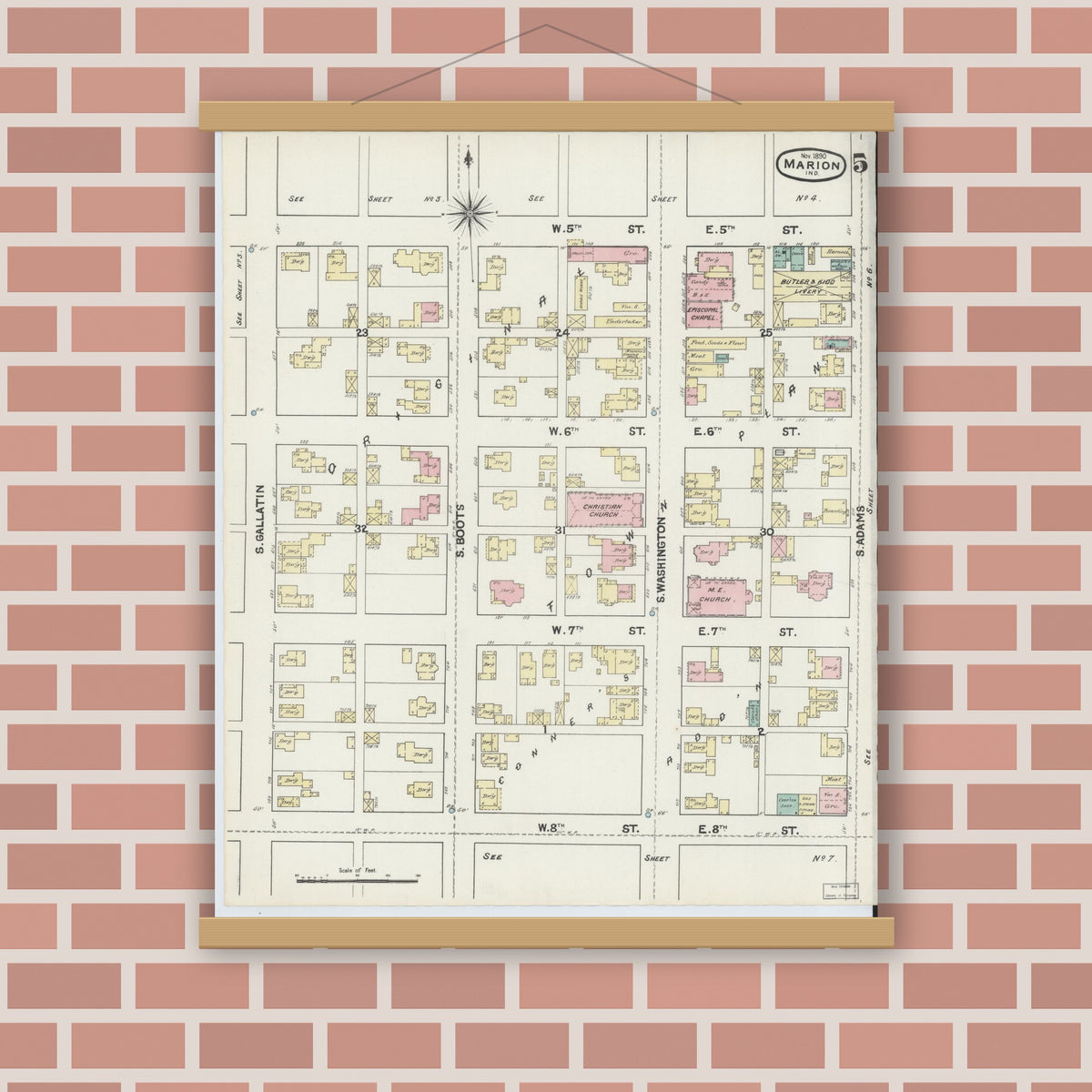 Old map wall art mockup — magnetic wood frame on brick wall — Sanborn Fire Insurance Map from Marion, Grant County, Indiana (1890), Sheet #0005