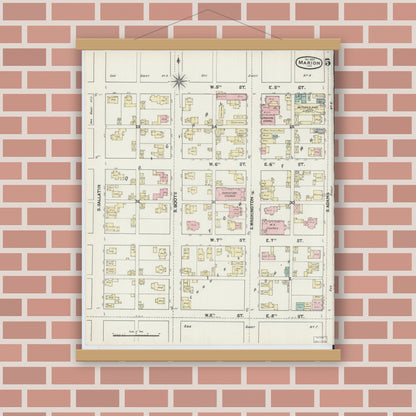 Old map wall art mockup — magnetic wood frame on brick wall — Sanborn Fire Insurance Map from Marion, Grant County, Indiana (1890), Sheet #0005