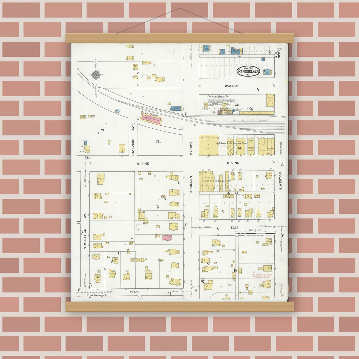 Old map wall art mockup — magnetic wood frame on brick wall — Sanborn Fire Insurance Map from Rensselaer, Jasper County, Indiana (1921), Sheet #0003