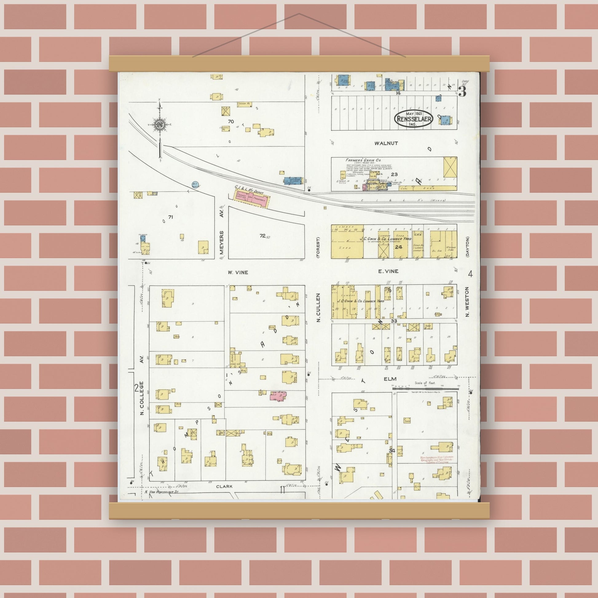 Old map wall art mockup — magnetic wood frame on brick wall — Sanborn Fire Insurance Map from Rensselaer, Jasper County, Indiana (1921), Sheet #0003