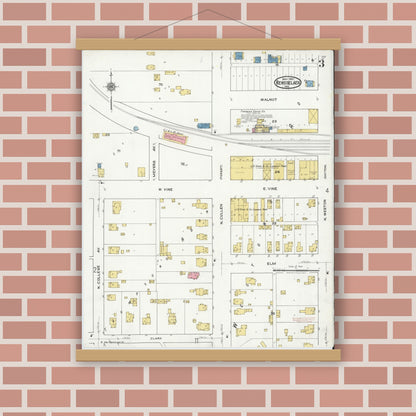 Old map wall art mockup — magnetic wood frame on brick wall — Sanborn Fire Insurance Map from Rensselaer, Jasper County, Indiana (1921), Sheet #0003