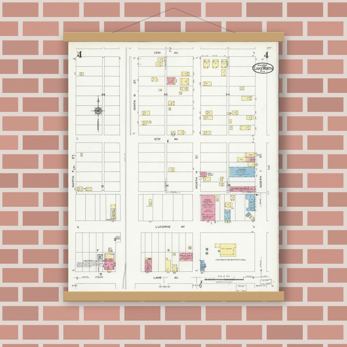 Old map wall art mockup — magnetic wood frame on brick wall — Sanborn Fire Insurance Map from Lake Worth, Palm Beach County, Florida (1924), Sheet #0004