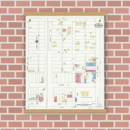 Old map wall art mockup — magnetic wood frame on brick wall — Sanborn Fire Insurance Map from Lake Worth, Palm Beach County, Florida (1924), Sheet #0004
