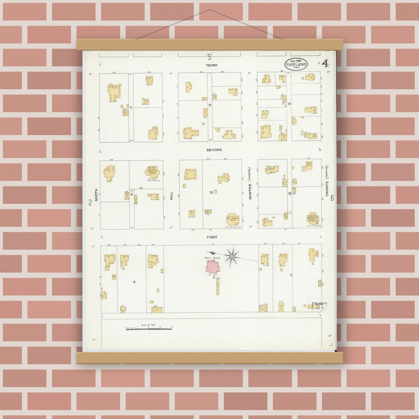 Old map wall art mockup — magnetic wood frame on brick wall — Sanborn Fire Insurance Map from Garland, Dallas County, Texas (1906), Sheet #0004