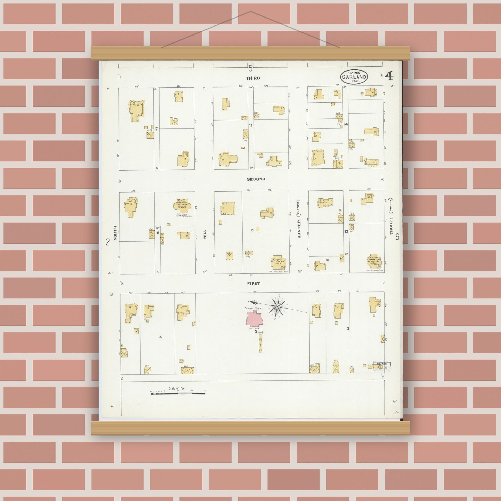 Old map wall art mockup — magnetic wood frame on brick wall — Sanborn Fire Insurance Map from Garland, Dallas County, Texas (1906), Sheet #0004