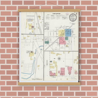 Old map wall art mockup — magnetic wood frame on brick wall — Sanborn Fire Insurance Map from Wellington, Lorain County, Ohio (1893), Sheet #0001