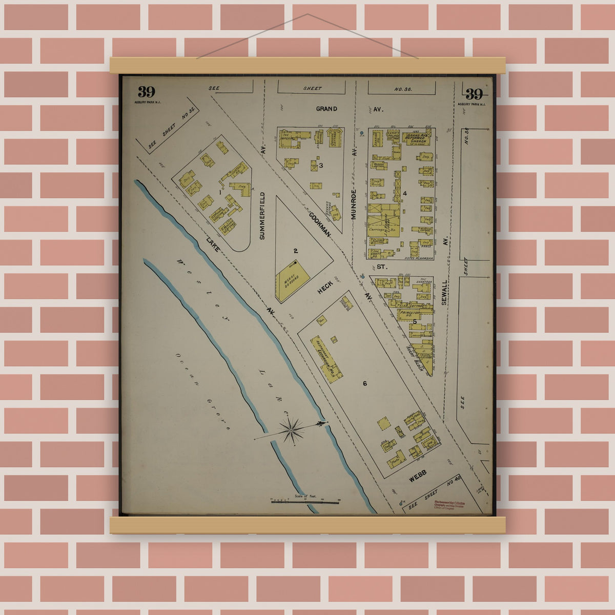 Old map wall art mockup — magnetic wood frame on brick wall — Sanborn Fire Insurance Map from New Jersey Coast, New Jersey Coast, New Jersey (1890), Sheet #0039