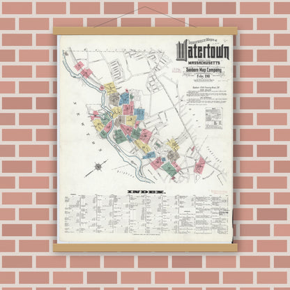 Old map wall art mockup — magnetic wood frame on brick wall — Sanborn Fire Insurance Map from Watertown, Middlesex County, Massachusetts (1911) - Complete Map Set