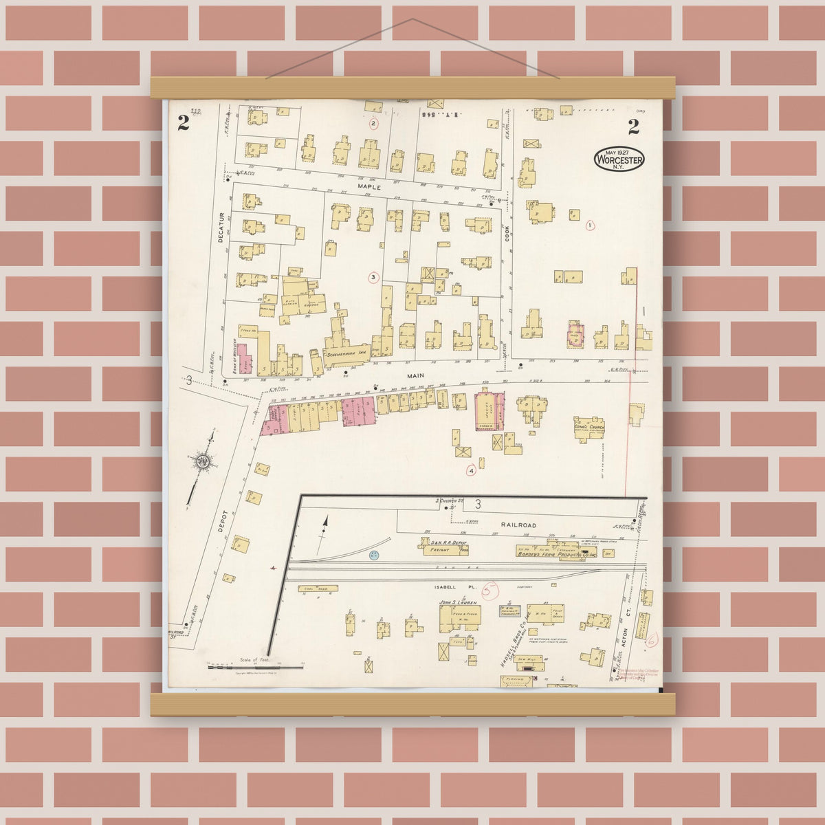 Old map wall art mockup — magnetic wood frame on brick wall — Sanborn Fire Insurance Map from Worcester, Otsego County, New York (1927), Sheet #0002