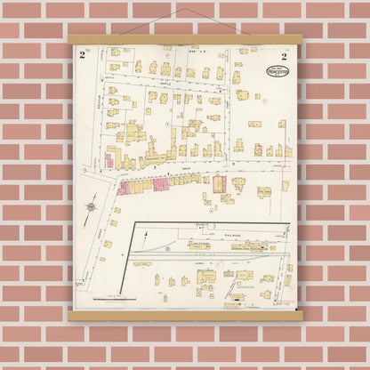 Old map wall art mockup — magnetic wood frame on brick wall — Sanborn Fire Insurance Map from Worcester, Otsego County, New York (1927), Sheet #0002