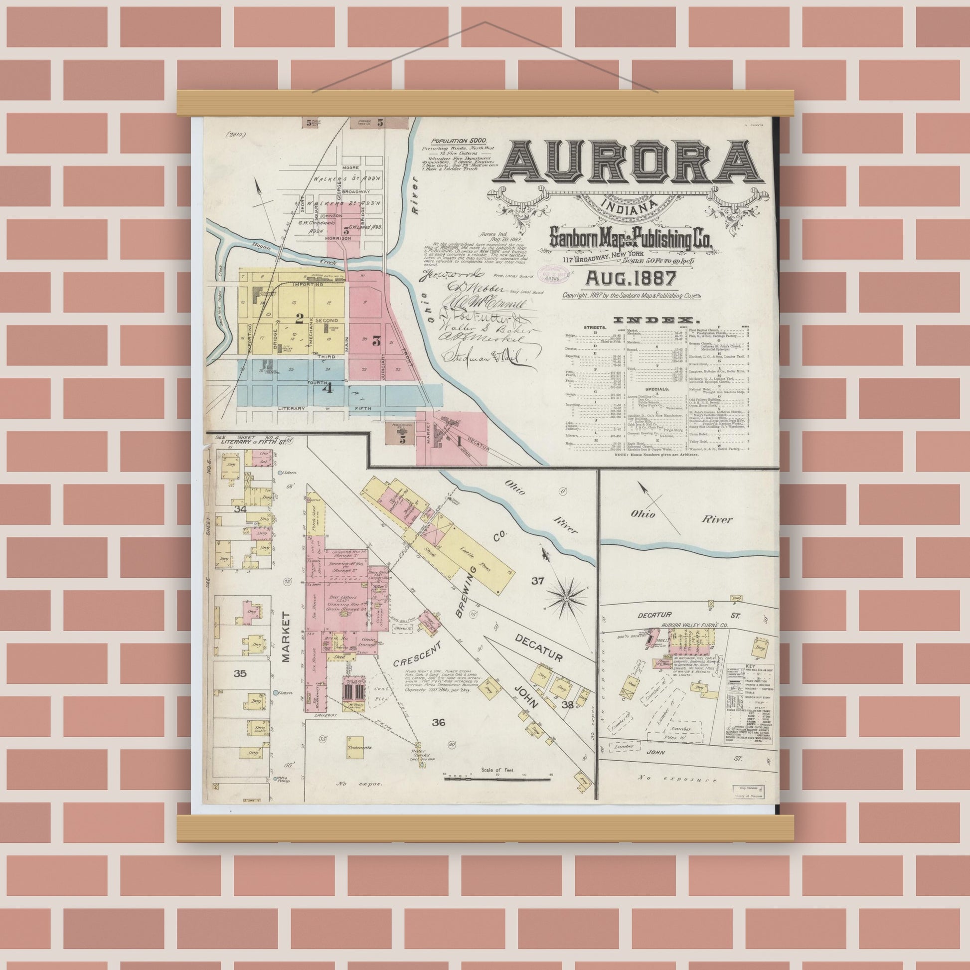 Old map wall art mockup — magnetic wood frame on brick wall — Sanborn Fire Insurance Map from Aurora, Dearborn County, Indiana (1887), Sheet #0001