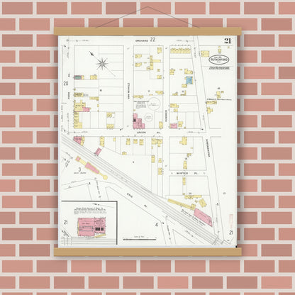 Old map wall art mockup — magnetic wood frame on brick wall — Sanborn Fire Insurance Map from Rutherford, Bergen County, New Jersey (1909), Sheet #0021