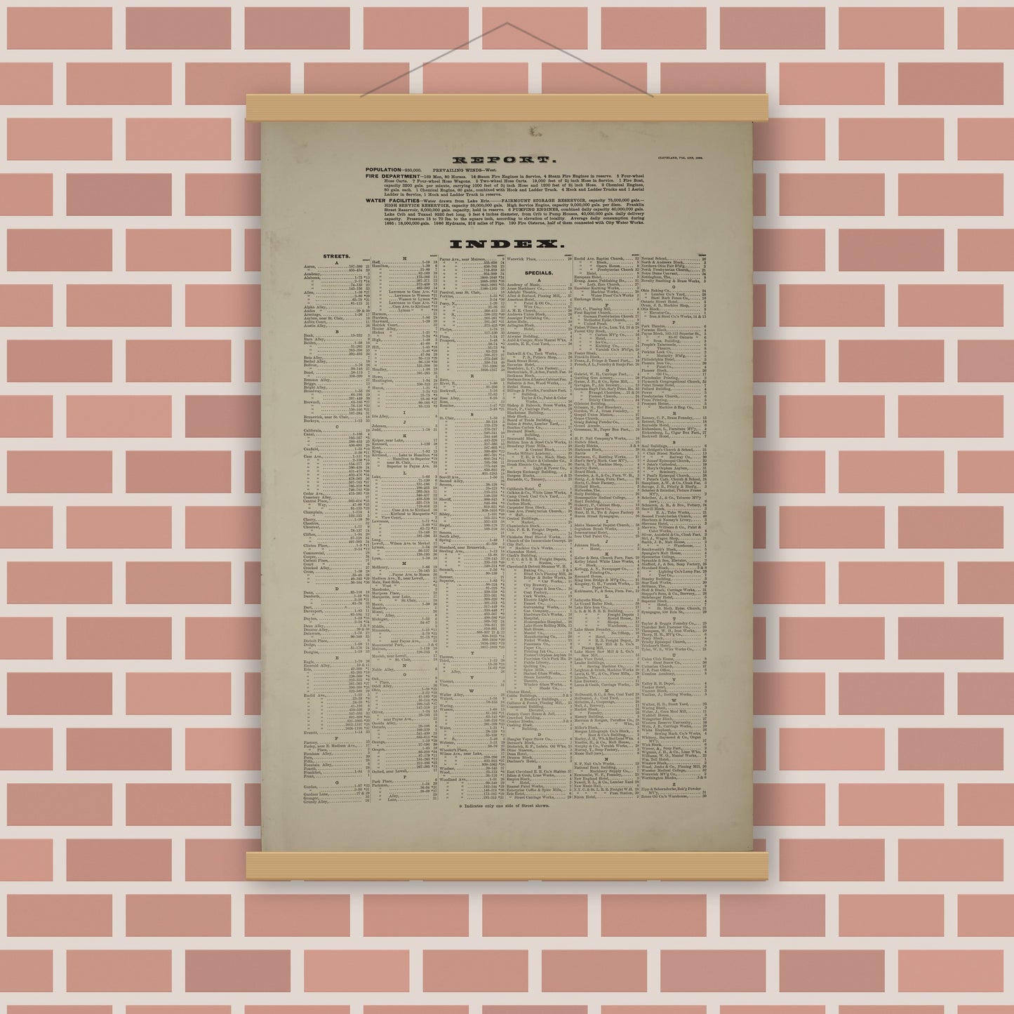Old map wall art mockup — magnetic wood frame on brick wall — Sanborn Fire Insurance Map from Cleveland, Cuyahoga County, Ohio (1886), Sheet #0001