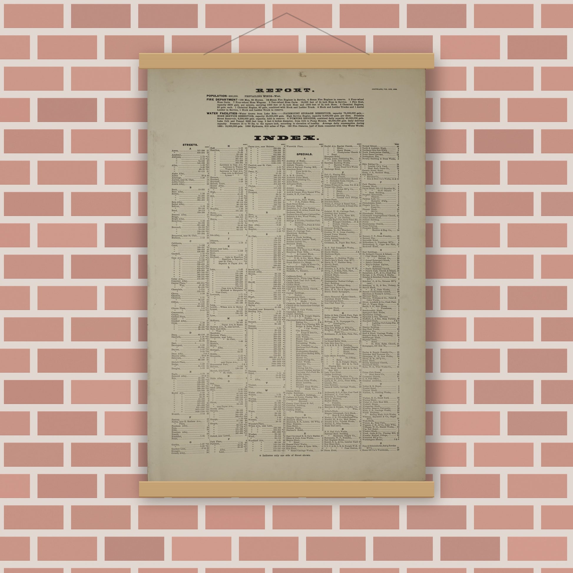 Old map wall art mockup — magnetic wood frame on brick wall — Sanborn Fire Insurance Map from Cleveland, Cuyahoga County, Ohio (1886), Sheet #0001