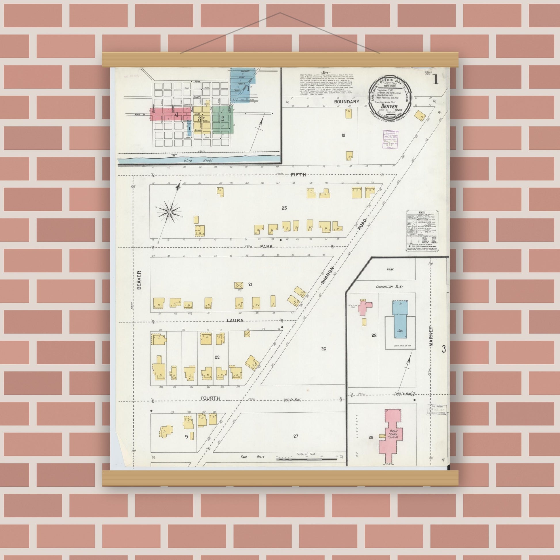 Old map wall art mockup — magnetic wood frame on brick wall — Sanborn Fire Insurance Map from Beaver, Beaver County, Pennsylvania (1901), Sheet #0001