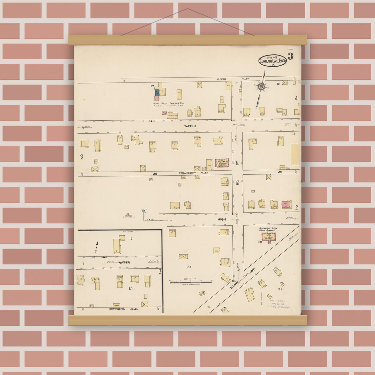 Old map wall art mockup — magnetic wood frame on brick wall — Sanborn Fire Insurance Map from Conneaut Lake Borough, Crawford County, Pennsylvania (1922), Sheet #0003