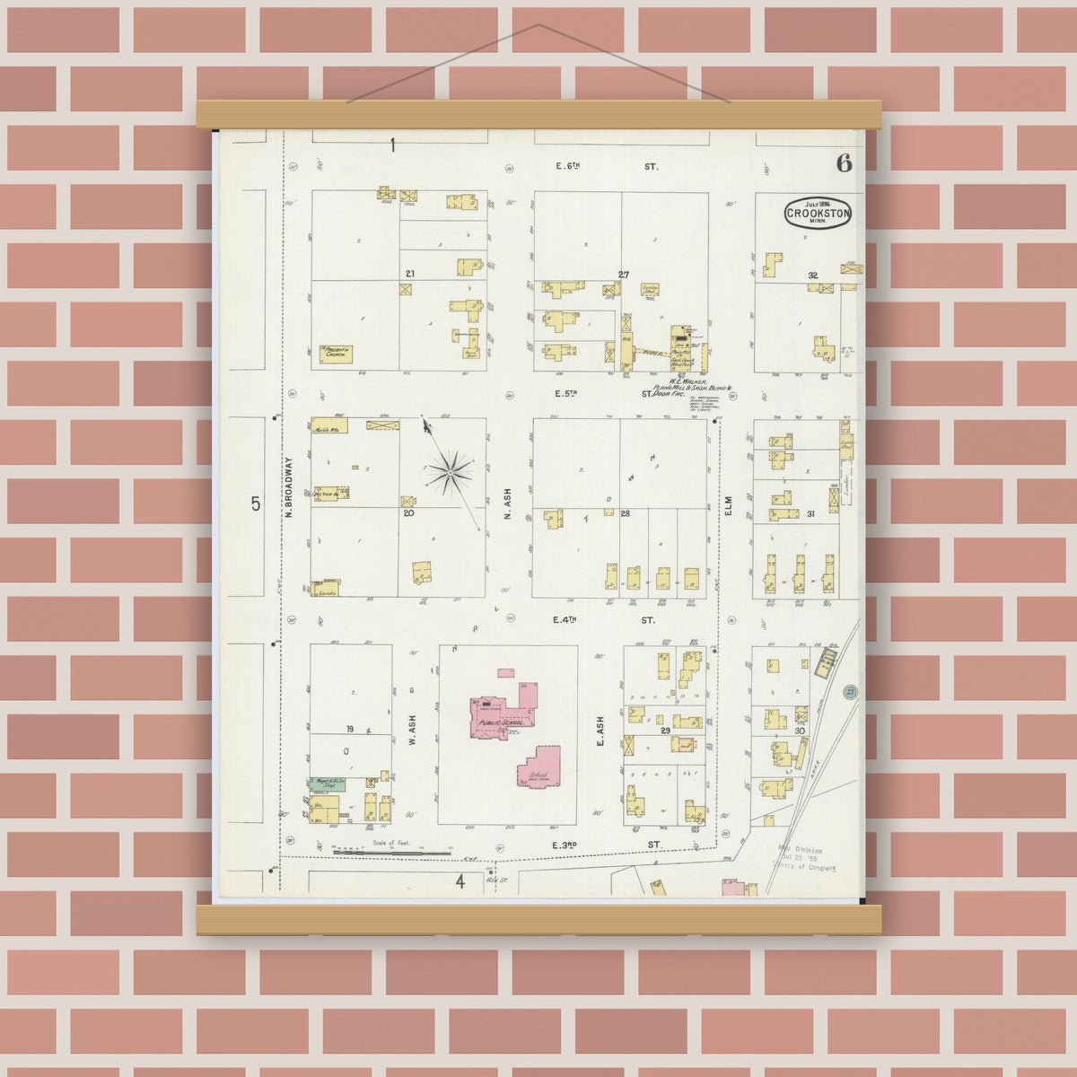 Old map wall art mockup — magnetic wood frame on brick wall — Sanborn Fire Insurance Map from Crookston, Polk County, Minnesota (1896), Sheet #0006
