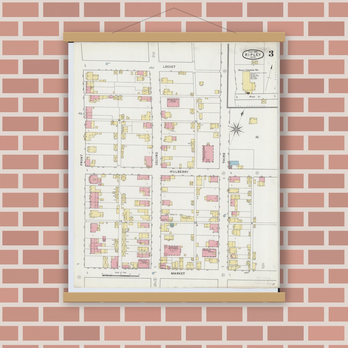 Old map wall art mockup — magnetic wood frame on brick wall — Sanborn Fire Insurance Map from Ripley, Brown County, Ohio (1895), Sheet #0003