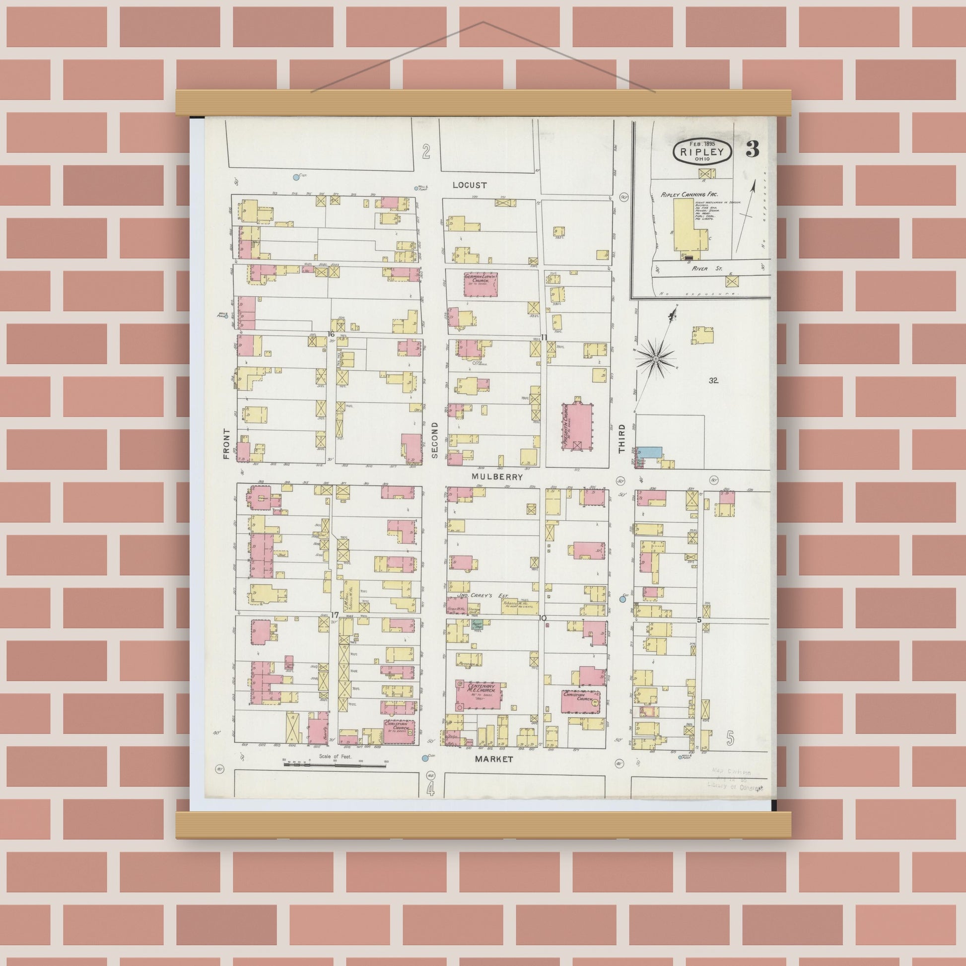 Old map wall art mockup — magnetic wood frame on brick wall — Sanborn Fire Insurance Map from Ripley, Brown County, Ohio (1895), Sheet #0003