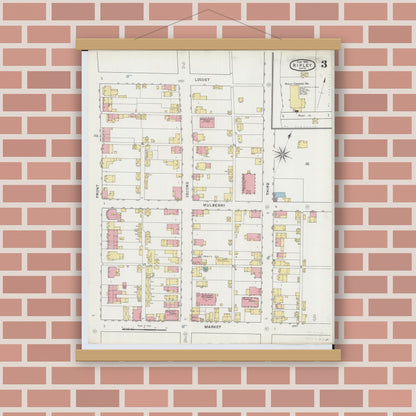 Old map wall art mockup — magnetic wood frame on brick wall — Sanborn Fire Insurance Map from Ripley, Brown County, Ohio (1895), Sheet #0003